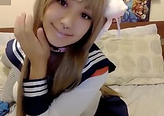Asiático Colegial Kitty Monstro Dildo Broche Porno POV